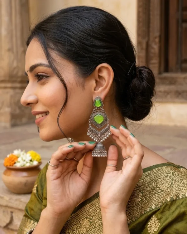 Traditional oxidized-style jhumka earrings with red, yellow and blue stones, perfect for saree, salwar and festive party looks from Passionate Bangladesh. Shop now at https://passionatebangladesh.com/product-category/earring/indian-earring/