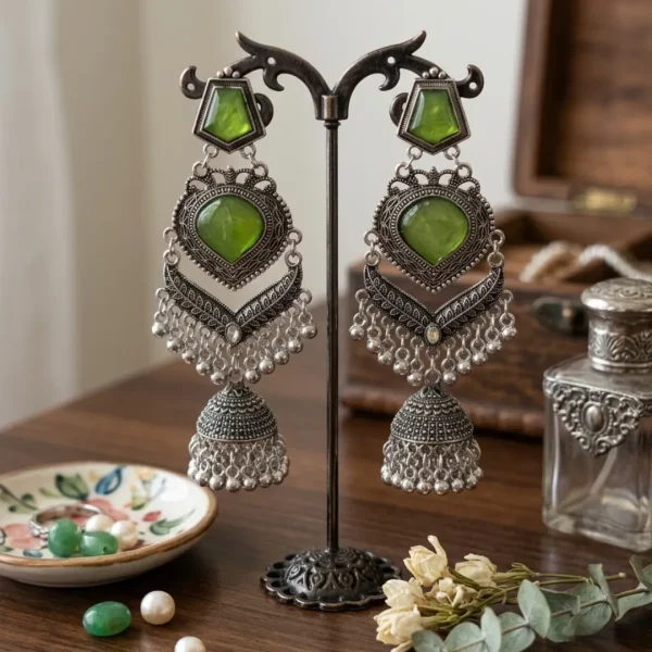 Traditional oxidized-style jhumka earrings with red, yellow and blue stones, perfect for saree, salwar and festive party looks from Passionate Bangladesh. Shop now at https://passionatebangladesh.com/product-category/earring/indian-earring/