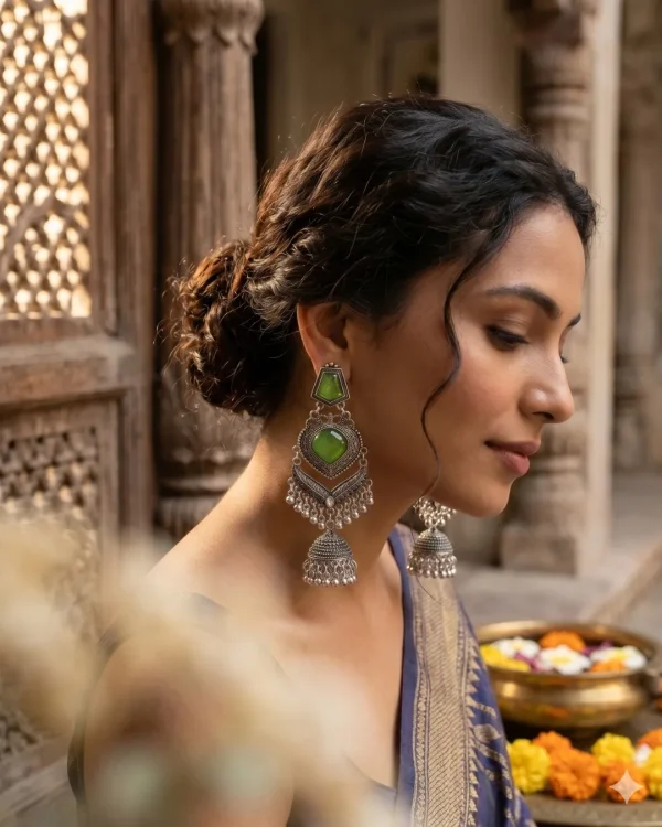 Traditional oxidized-style jhumka earrings with red, yellow and blue stones, perfect for saree, salwar and festive party looks from Passionate Bangladesh. Shop now at https://passionatebangladesh.com/product-category/earring/indian-earring/