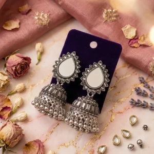 Traditional oxidized-style jhumka earrings with red, yellow and blue stones, perfect for saree, salwar and festive party looks from Passionate Bangladesh. Shop now at https://passionatebangladesh.com/product-category/earring/indian-earring/