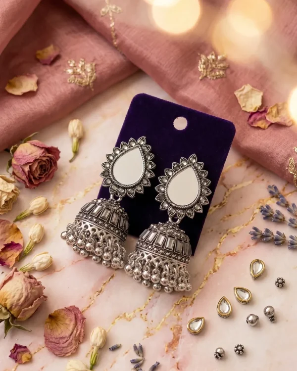 Traditional oxidized-style jhumka earrings with red, yellow and blue stones, perfect for saree, salwar and festive party looks from Passionate Bangladesh. Shop now at https://passionatebangladesh.com/product-category/earring/indian-earring/