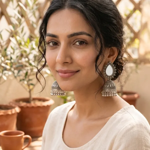 Traditional oxidized-style jhumka earrings with red, yellow and blue stones, perfect for saree, salwar and festive party looks from Passionate Bangladesh. Shop now at https://passionatebangladesh.com/product-category/earring/indian-earring/