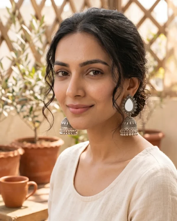 Traditional oxidized-style jhumka earrings with red, yellow and blue stones, perfect for saree, salwar and festive party looks from Passionate Bangladesh. Shop now at https://passionatebangladesh.com/product-category/earring/indian-earring/