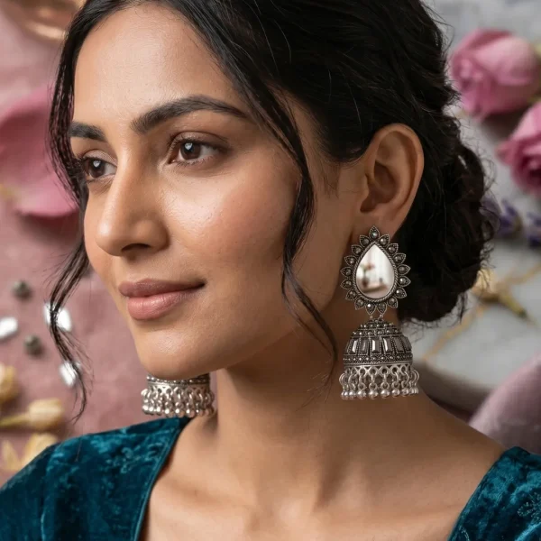 Traditional oxidized-style jhumka earrings with red, yellow and blue stones, perfect for saree, salwar and festive party looks from Passionate Bangladesh. Shop now at https://passionatebangladesh.com/product-category/earring/indian-earring/