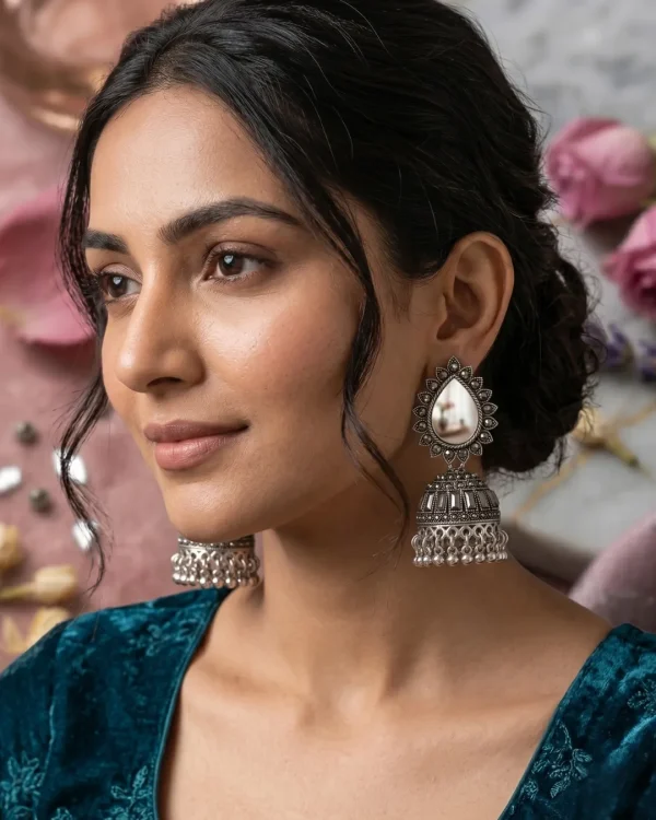 Traditional oxidized-style jhumka earrings with red, yellow and blue stones, perfect for saree, salwar and festive party looks from Passionate Bangladesh. Shop now at https://passionatebangladesh.com/product-category/earring/indian-earring/
