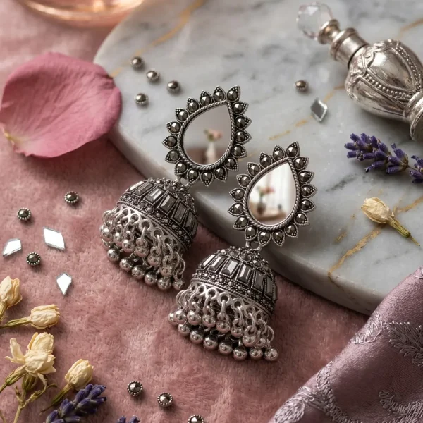 Traditional oxidized-style jhumka earrings with red, yellow and blue stones, perfect for saree, salwar and festive party looks from Passionate Bangladesh. Shop now at https://passionatebangladesh.com/product-category/earring/indian-earring/