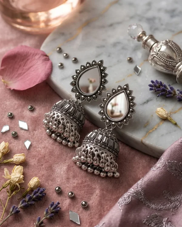 Traditional oxidized-style jhumka earrings with red, yellow and blue stones, perfect for saree, salwar and festive party looks from Passionate Bangladesh. Shop now at https://passionatebangladesh.com/product-category/earring/indian-earring/