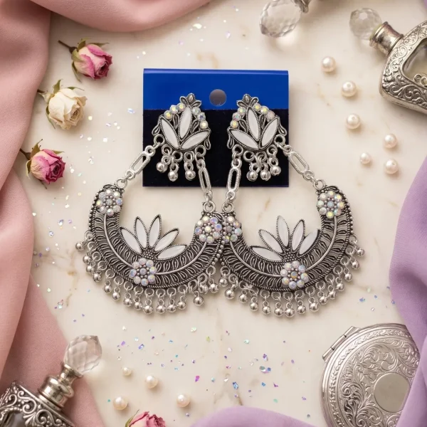 Traditional oxidized-style jhumka earrings with red, yellow and blue stones, perfect for saree, salwar and festive party looks from Passionate Bangladesh. Shop now at https://passionatebangladesh.com/product-category/earring/indian-earring/