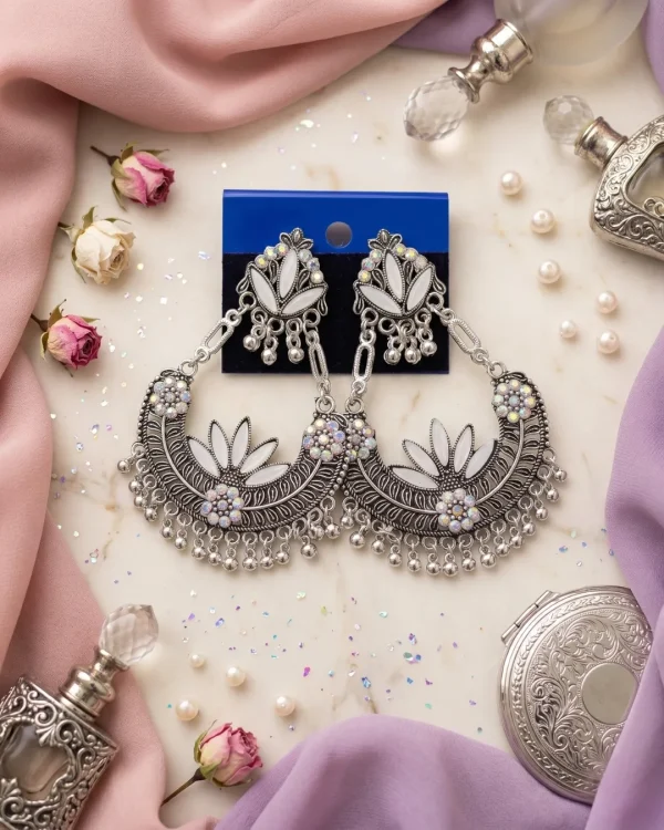 Traditional oxidized-style jhumka earrings with red, yellow and blue stones, perfect for saree, salwar and festive party looks from Passionate Bangladesh. Shop now at https://passionatebangladesh.com/product-category/earring/indian-earring/