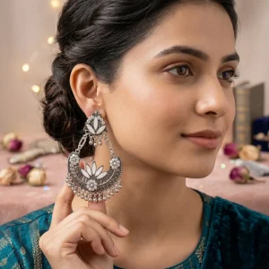 Traditional oxidized-style jhumka earrings with red, yellow and blue stones, perfect for saree, salwar and festive party looks from Passionate Bangladesh. Shop now at https://passionatebangladesh.com/product-category/earring/indian-earring/