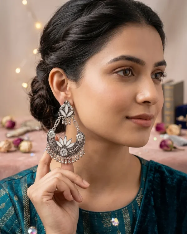 Traditional oxidized-style jhumka earrings with red, yellow and blue stones, perfect for saree, salwar and festive party looks from Passionate Bangladesh. Shop now at https://passionatebangladesh.com/product-category/earring/indian-earring/