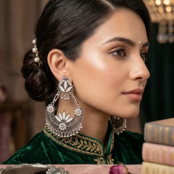 Traditional oxidized-style jhumka earrings with red, yellow and blue stones, perfect for saree, salwar and festive party looks from Passionate Bangladesh. Shop now at https://passionatebangladesh.com/product-category/earring/indian-earring/