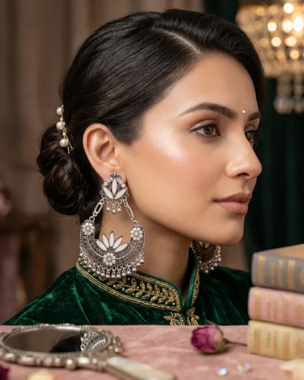 Traditional oxidized-style jhumka earrings with red, yellow and blue stones, perfect for saree, salwar and festive party looks from Passionate Bangladesh. Shop now at https://passionatebangladesh.com/product-category/earring/indian-earring/