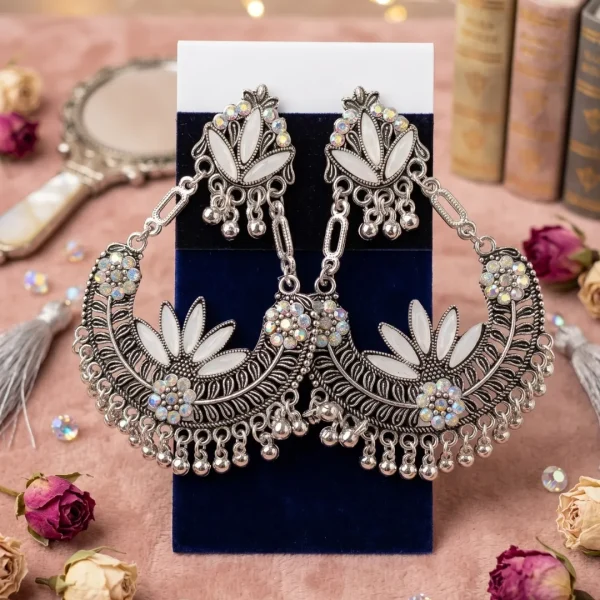 Traditional oxidized-style jhumka earrings with red, yellow and blue stones, perfect for saree, salwar and festive party looks from Passionate Bangladesh. Shop now at https://passionatebangladesh.com/product-category/earring/indian-earring/