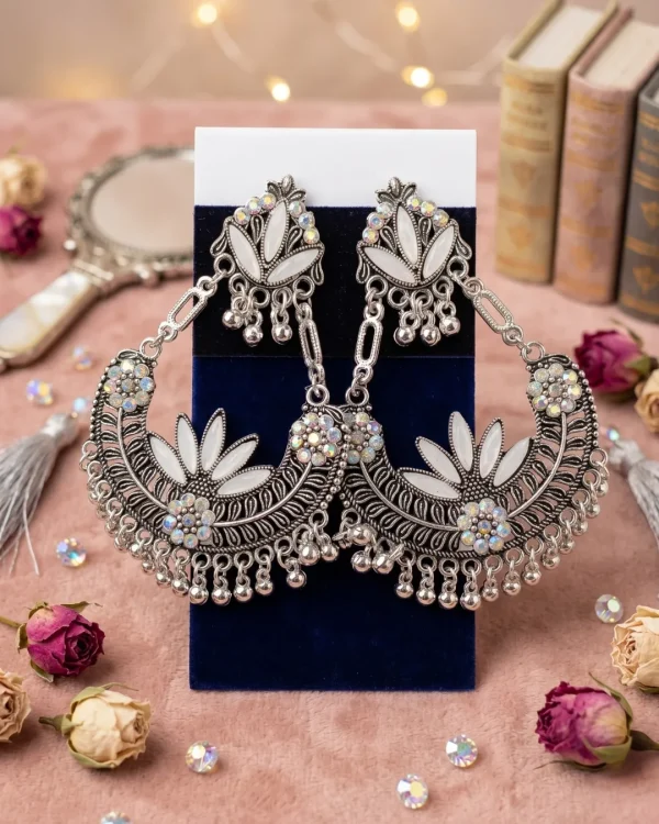 Traditional oxidized-style jhumka earrings with red, yellow and blue stones, perfect for saree, salwar and festive party looks from Passionate Bangladesh. Shop now at https://passionatebangladesh.com/product-category/earring/indian-earring/