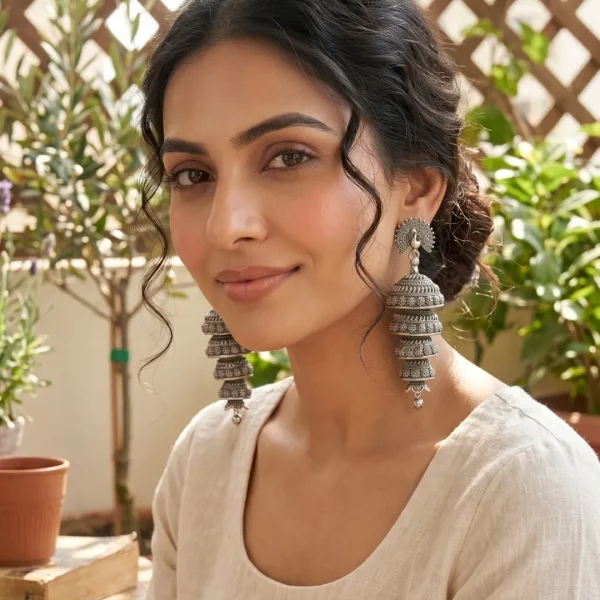 Traditional oxidized-style jhumka earrings with red, yellow and blue stones, perfect for saree, salwar and festive party looks from Passionate Bangladesh. Shop now at https://passionatebangladesh.com/product-category/earring/indian-earring/