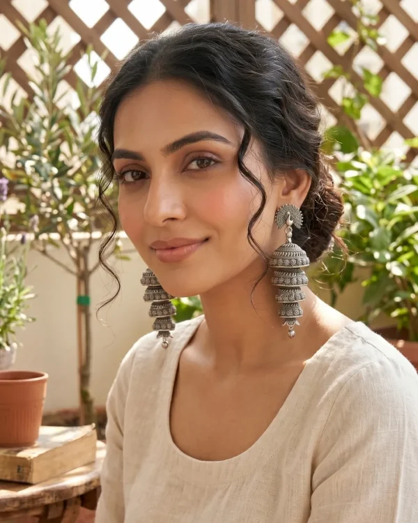 Traditional oxidized-style jhumka earrings with red, yellow and blue stones, perfect for saree, salwar and festive party looks from Passionate Bangladesh. Shop now at https://passionatebangladesh.com/product-category/earring/indian-earring/