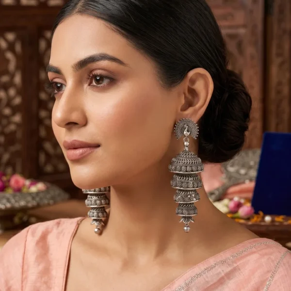 Traditional oxidized-style jhumka earrings with red, yellow and blue stones, perfect for saree, salwar and festive party looks from Passionate Bangladesh. Shop now at https://passionatebangladesh.com/product-category/earring/indian-earring/