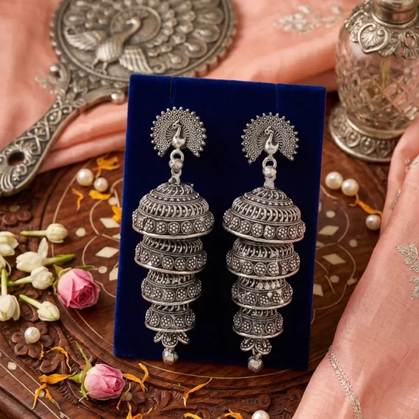 Traditional oxidized-style jhumka earrings with red, yellow and blue stones, perfect for saree, salwar and festive party looks from Passionate Bangladesh. Shop now at https://passionatebangladesh.com/product-category/earring/indian-earring/