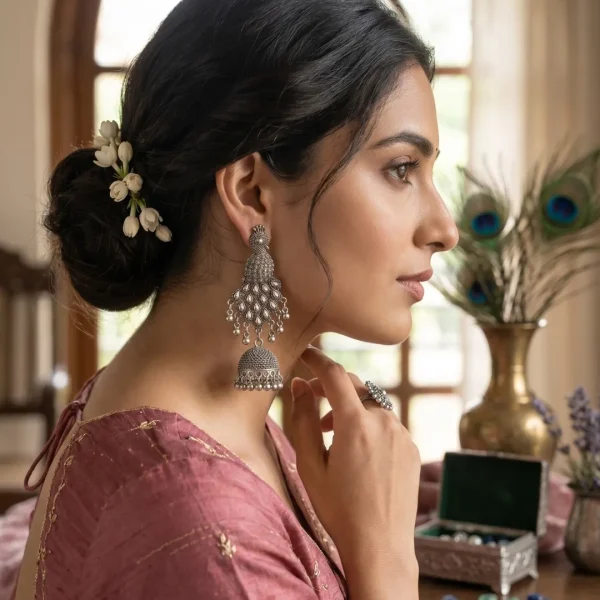 Traditional oxidized-style jhumka earrings with red, yellow and blue stones, perfect for saree, salwar and festive party looks from Passionate Bangladesh. Shop now at https://passionatebangladesh.com/product-category/earring/indian-earring/