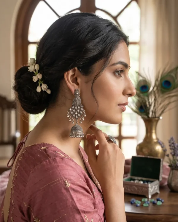 Traditional oxidized-style jhumka earrings with red, yellow and blue stones, perfect for saree, salwar and festive party looks from Passionate Bangladesh. Shop now at https://passionatebangladesh.com/product-category/earring/indian-earring/