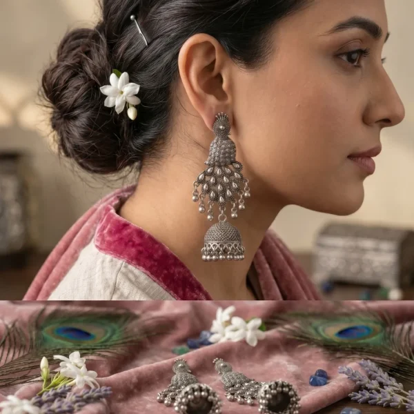 Traditional oxidized-style jhumka earrings with red, yellow and blue stones, perfect for saree, salwar and festive party looks from Passionate Bangladesh. Shop now at https://passionatebangladesh.com/product-category/earring/indian-earring/