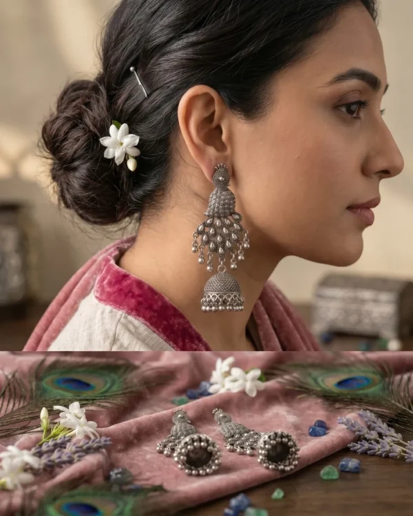 Traditional oxidized-style jhumka earrings with red, yellow and blue stones, perfect for saree, salwar and festive party looks from Passionate Bangladesh. Shop now at https://passionatebangladesh.com/product-category/earring/indian-earring/