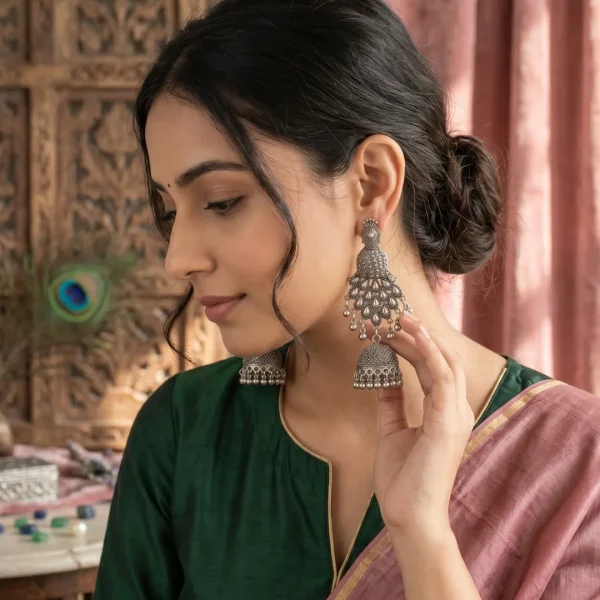 Traditional oxidized-style jhumka earrings with red, yellow and blue stones, perfect for saree, salwar and festive party looks from Passionate Bangladesh. Shop now at https://passionatebangladesh.com/product-category/earring/indian-earring/