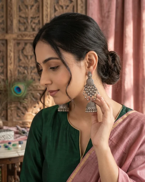 Traditional oxidized-style jhumka earrings with red, yellow and blue stones, perfect for saree, salwar and festive party looks from Passionate Bangladesh. Shop now at https://passionatebangladesh.com/product-category/earring/indian-earring/