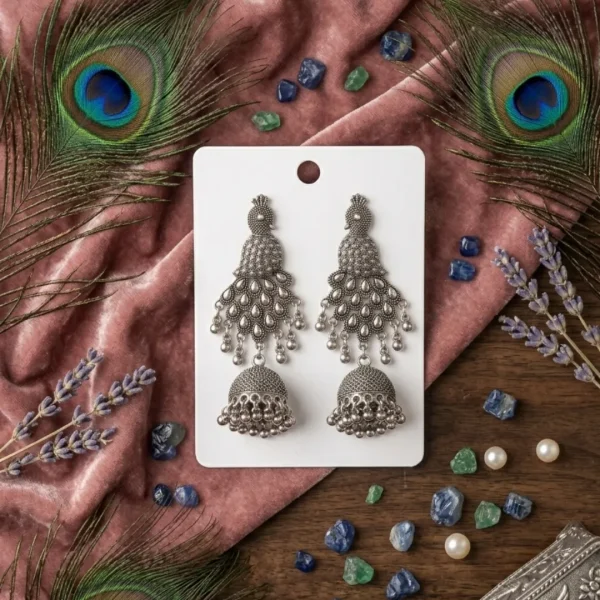 Traditional oxidized-style jhumka earrings with red, yellow and blue stones, perfect for saree, salwar and festive party looks from Passionate Bangladesh. Shop now at https://passionatebangladesh.com/product-category/earring/indian-earring/