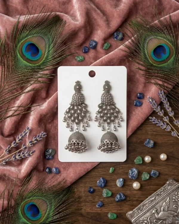 Traditional oxidized-style jhumka earrings with red, yellow and blue stones, perfect for saree, salwar and festive party looks from Passionate Bangladesh. Shop now at https://passionatebangladesh.com/product-category/earring/indian-earring/