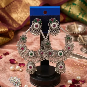 Traditional oxidized-style jhumka earrings with red, yellow and blue stones, perfect for saree, salwar and festive party looks from Passionate Bangladesh. Shop now at https://passionatebangladesh.com/product-category/earring/indian-earring/