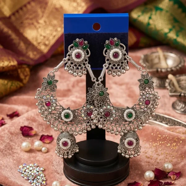 Traditional oxidized-style jhumka earrings with red, yellow and blue stones, perfect for saree, salwar and festive party looks from Passionate Bangladesh. Shop now at https://passionatebangladesh.com/product-category/earring/indian-earring/