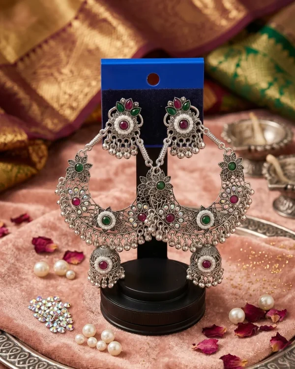 Traditional oxidized-style jhumka earrings with red, yellow and blue stones, perfect for saree, salwar and festive party looks from Passionate Bangladesh. Shop now at https://passionatebangladesh.com/product-category/earring/indian-earring/