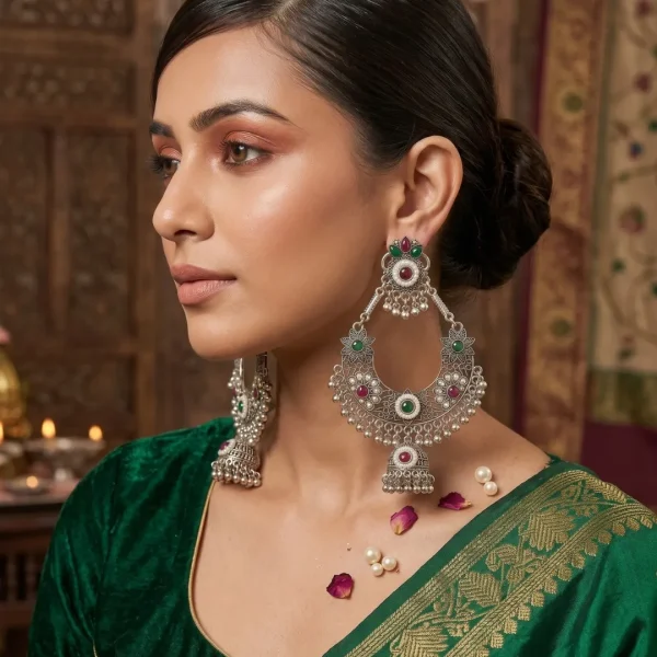 Traditional oxidized-style jhumka earrings with red, yellow and blue stones, perfect for saree, salwar and festive party looks from Passionate Bangladesh. Shop now at https://passionatebangladesh.com/product-category/earring/indian-earring/