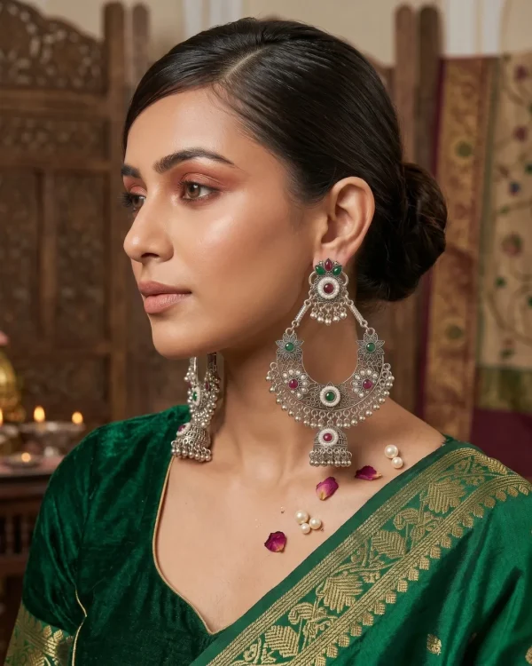Traditional oxidized-style jhumka earrings with red, yellow and blue stones, perfect for saree, salwar and festive party looks from Passionate Bangladesh. Shop now at https://passionatebangladesh.com/product-category/earring/indian-earring/
