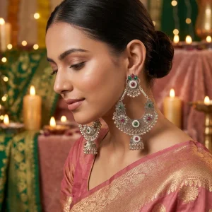 Traditional oxidized-style jhumka earrings with red, yellow and blue stones, perfect for saree, salwar and festive party looks from Passionate Bangladesh. Shop now at www.passionatebangladesh.com