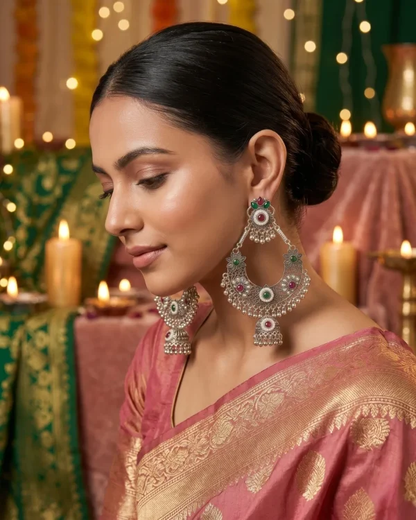 Traditional oxidized-style jhumka earrings with red, yellow and blue stones, perfect for saree, salwar and festive party looks from Passionate Bangladesh. Shop now at www.passionatebangladesh.com