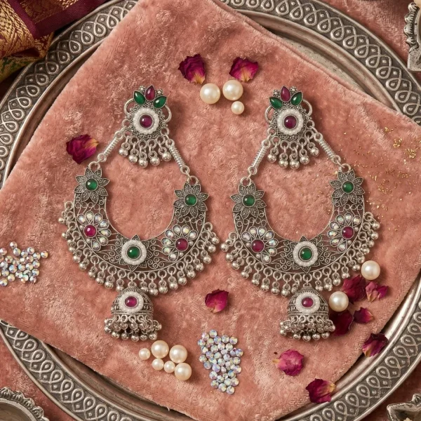 Traditional oxidized-style jhumka earrings with red, yellow and blue stones, perfect for saree, salwar and festive party looks from Passionate Bangladesh. Shop now at https://passionatebangladesh.com/product-category/earring/indian-earring/