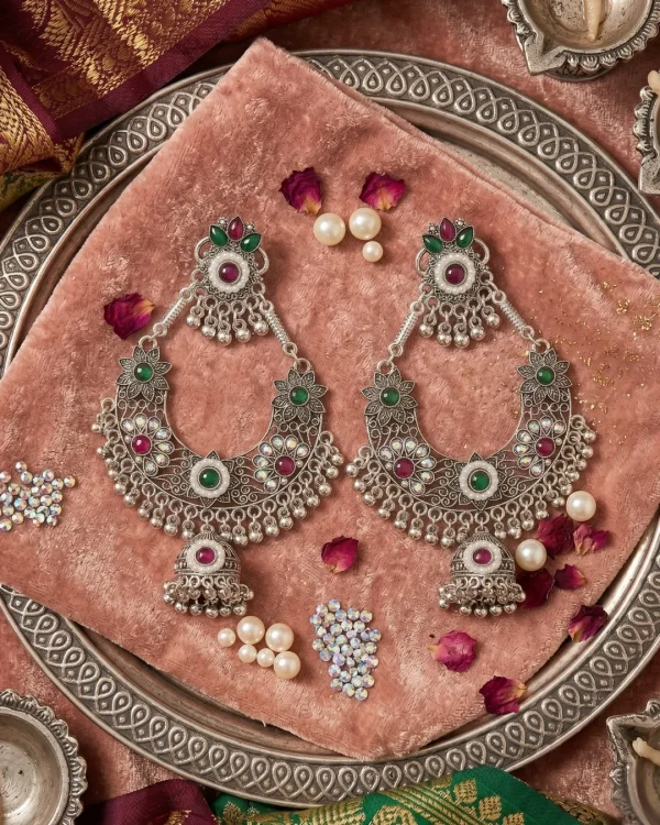 Traditional oxidized-style jhumka earrings with red, yellow and blue stones, perfect for saree, salwar and festive party looks from Passionate Bangladesh. Shop now at https://passionatebangladesh.com/product-category/earring/indian-earring/