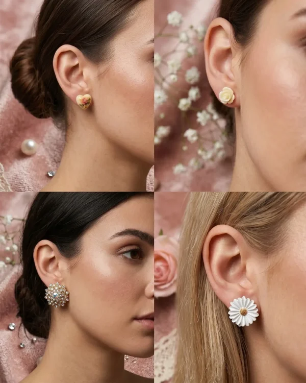 Trendy stud earrings for girls and women, simple everyday designs and sparkly studs from Passionate Bangladesh for party looks. https://passionatebangladesh.com/